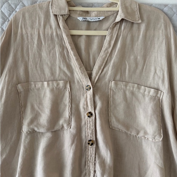Zara Oversized Beige Button-Front Pocket Shirt - Picture 2 of 4